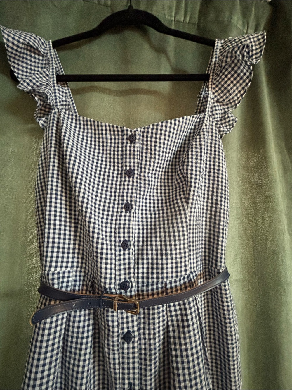 Gal Meets Glam Navy & White Gingham Ruffle-Shoulder Midi Dress